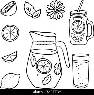 Lemonade Jug and Glasses, Mason jar with Straw, Lemon Fruit and Cut Citrus Slices. Summer refreshment beverage with Lemon and mint. Hand drawn vector Stock Vector