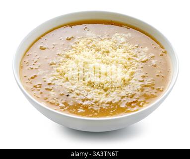 bowl of french onion soup with cheese isolated on white background Stock Photo