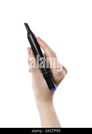 Woman with double sided marker on white background, closeup Stock Photo