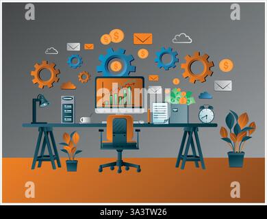Office desk with computer showing growing bar chart, money, gears and envelopes representing business and finance success Stock Vector