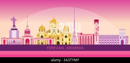 Sunset Skyline panorama of city of Yerevan, Armenia - vector illustration Stock Vector