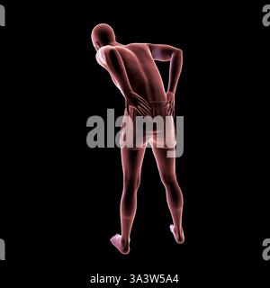 Illustration of a person with lower back pain, emphasising the lumbar region and depicting spinal discomfort, posture and muscular strain. Stock Photo