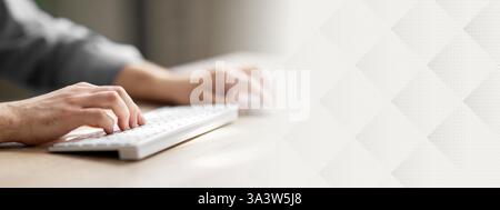 Unrecognizable Man Typing On Computer Keyboard And Using Wireless Mouse Stock Photo