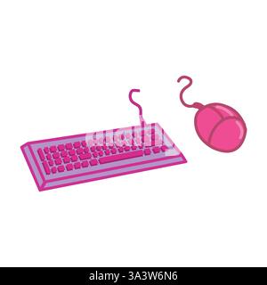 Pink keyboard and computer mouse. Vector illustration isolated on white background. Stock Vector