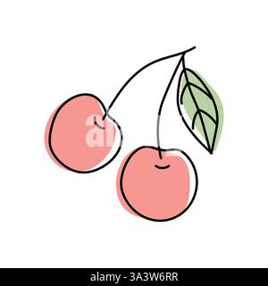 Two ripe cherries on a branch with a green leaf against a simple background Stock Vector