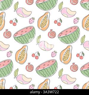 Colorful fruit pattern featuring watermelons, papayas, cherries, and pomegranates Stock Vector