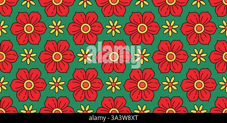 Vibrant seamless floral pattern with retro and playful design. Contrasting hues, groovy aesthetic hippie culture 60s and 70s for fashion, interior design branding, textiles or wrapping paper Stock Vector