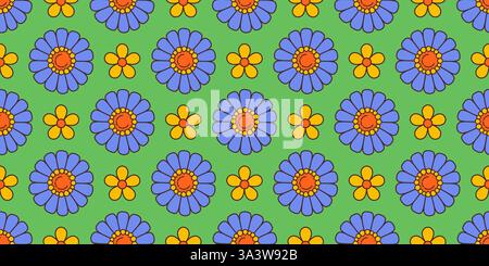 Vibrant seamless floral pattern with retro and playful design. Contrasting hues, groovy aesthetic hippie culture 60s and 70s for fashion, interior design branding, textiles or wrapping paper Stock Vector
