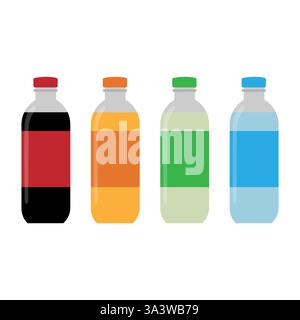 Colored beverage bottles. Simple container shapes. Refreshing drink variety. Vector fluid concept. Stock Vector