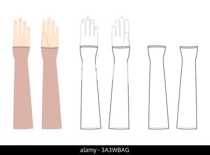 Gauntlets Gloves Elbow length crean tan cartoon and flat CAD mockup Fashion hand accessory clothing technical illustration garment. Vector for Men, women, unisex style template sketch outline on white Stock Vector