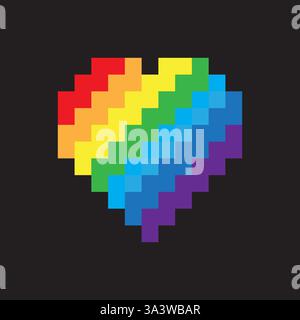 Rainbow pixel heart. Bright color icon. Dark black background. Vector pride shape. Stock Vector