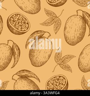 Seamless pattern with tropical fruits, passionfruit and mango. Hand-drawn ink illustration in retro engraving style. Detailed vector drawing. Stock Vector