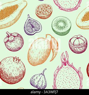 Seamless pattern with tropical and exotic fruits. Hand-drawn ink illustration in retro engraving style. Detailed vector drawing. Stock Vector