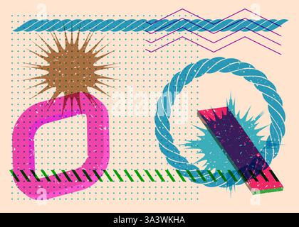 Colorful geometric shapes. Object in trendy riso graph design. Geometry elements abstract risograph print texture style. Stock Vector