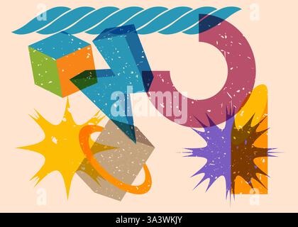 Colorful geometric shapes. Object in trendy riso graph design. Geometry elements abstract risograph print texture style. Stock Vector