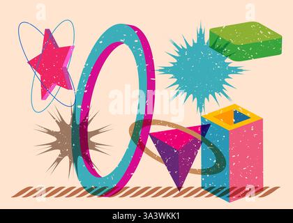 Colorful geometric shapes. Object in trendy riso graph design. Geometry elements abstract risograph print texture style. Stock Vector