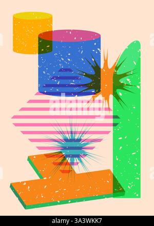 Colorful geometric shapes. Object in trendy riso graph design. Geometry elements abstract risograph print texture style. Stock Vector