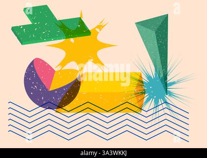 Colorful geometric shapes. Object in trendy riso graph design. Geometry elements abstract risograph print texture style. Stock Vector
