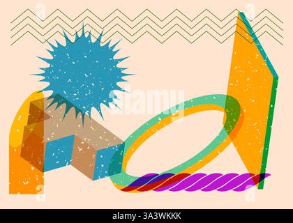 Colorful geometric shapes. Object in trendy riso graph design. Geometry elements abstract risograph print texture style. Stock Vector