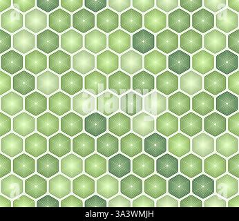 Geometric pattern. Green color tones gradients. Rounded stacked hexagons mosaic pattern. Hexagonal shapes. Seamless pattern. Stock Vector