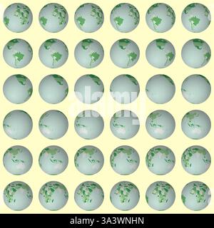 Collection of earth globes. Normal sphere view. Rotation step 10 degrees. Colored countries style. Stock Vector