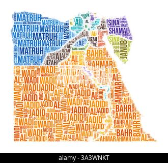 Egypt region word cloud. Country shape design. Egypt colored illustration. Region names collage cloud. Vector illustration. Stock Vector