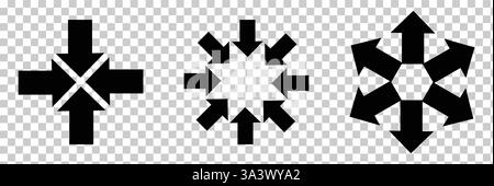 Black arrows inward outward. Pointer arrow icon. Line emblem. Navigation pointer. Vector illustration. Stock Vector