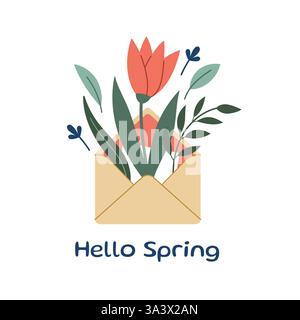 Envelope with flowers and herbs. Hello spring concept. Summer Letter. Vector illustration, flat design. Flowers bouquet in envelope. Hand drawn trendy Stock Vector