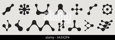 Metaball shapes set isolated on background. Vector illustration of black dots connected into abstract icons, organic fluid blobs connection, molecule structure, scientific network, chemical grids Stock Vector