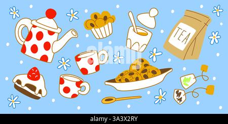 Cartoon tea time elements - polka dot teapot and mugs, cake slices and cookies, honey in bowl and muffin, bag with leaves and spoon. Quirky hand drawn illustrations on blue background with daisies. Stock Vector