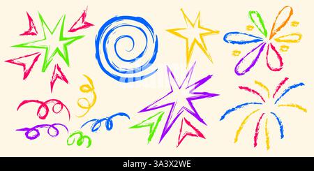 Crayon doodle fireworks set - colorful hand drawn stars, spirals, bursts. Childlike style holiday explosion shapes in bright colors. Playful vector illustration for celebration or party decor. Stock Vector