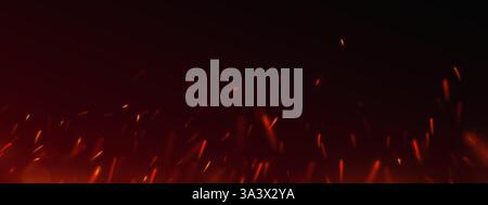 Burning hot sparks and glowing embers fly up. Fiery abstract background with bright red fire particles on black. Bonfire flames, fireworks, heat or welding sparks with dark dramatic atmosphere. Stock Vector