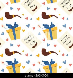 Festive father's day pattern with pipes, gifts, and hearts for celebration themes. Stock Vector