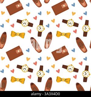 Father's day gift pattern with watches, wallets, and shoes for greeting card design. Stock Vector