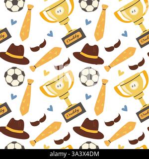 Father's day celebration pattern with trophies, soccer balls, ties, and hats for greeting card design. Stock Vector