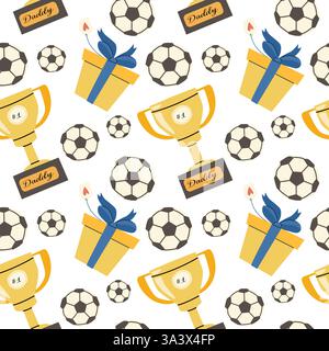 Father's day celebration pattern with trophy, gift, and soccer theme. Stock Vector