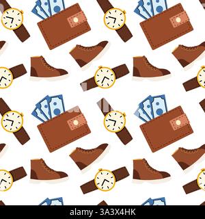 Happy father's day celebration pattern with wallets, watches, shoes, and money design for cards and posters. Stock Vector