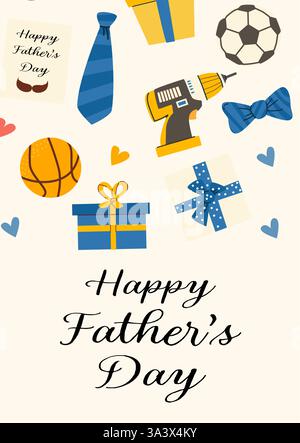 Happy father's day card design with gifts and sports elements. Stock Vector