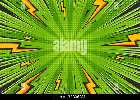 Cartoon comic green background with lightnings. Pop art graphic with halftone effect and radial thunders. Abstract vector illustration with flash Stock Vector