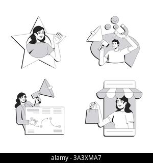 Advertising strategy line conceptual illustration set Stock Vector