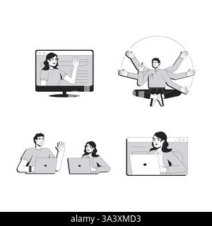 Team work line conceptual illustration set Stock Vector