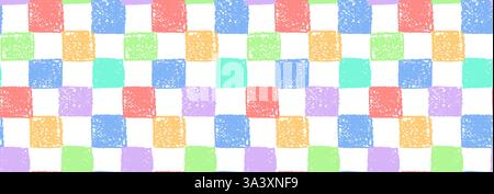 Gingham seamless pattern. Mosaic ornament with jagged red blue green squares drawn with colorful charcoal. Modern background painted by color chalk Stock Vector