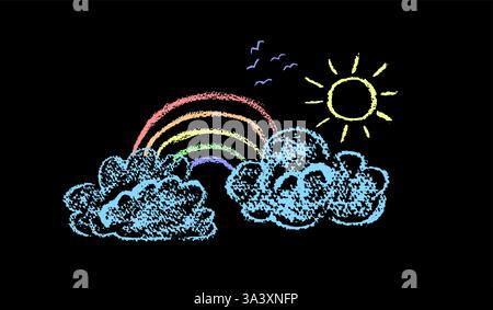Crayon clouds with rainbow. Sky with sun and silhouette of a flock of birds. Colorful wax pencil kids drawing landscape. Vector naive and funny design Stock Vector