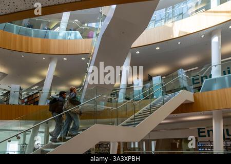 Soaring modern elliptical atrium in the Central Library building, city of Liverpool, England, UK Stock Photo