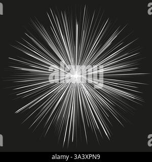 Bright starburst effect. Radiating light rays. White explosion shape. Abstract energy burst. Stock Vector