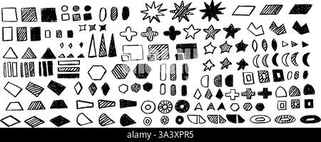 Set of abstract geometric basic shapes drawn with pastel black color or charcoal. Hand drawn paint quote frame collection. Empty monochrome speech Stock Vector