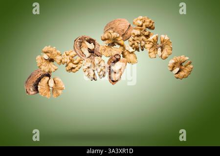 Shelled walnuts floating on green background. Stock Photo