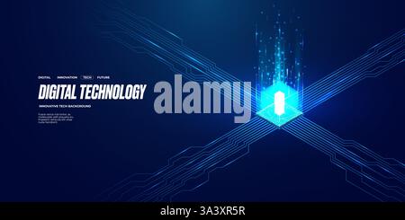 CPU semiconductor with circuit elements on technology blue background. Stock Vector