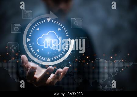 Cloud computing diagram show on man hand. Cloud technology. Data storage. Networking and internet service concept. Technologies connecting the world Stock Photo