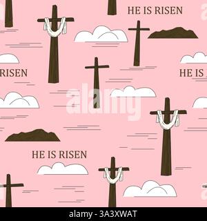 He is risen Easter seamless pattern, cross sky, cloud Stock Vector